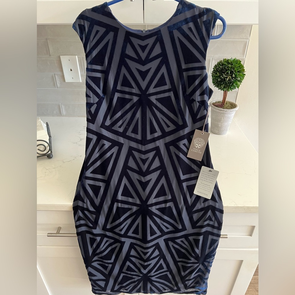 Vince Camuto Navy Velvet Geometric sheath dress, NWT, Size 12